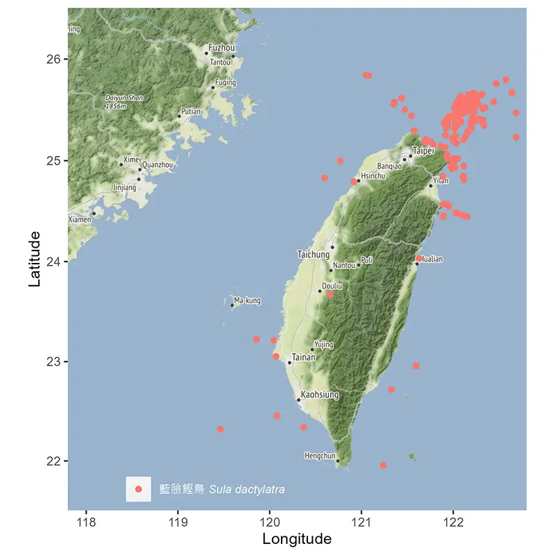 藍臉鰹鳥台灣分布地圖