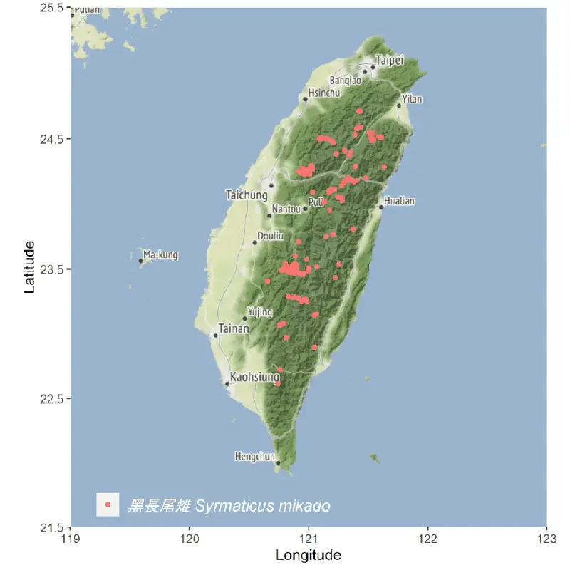 Mikado-Pheasant 黑長尾雉台灣分布地圖